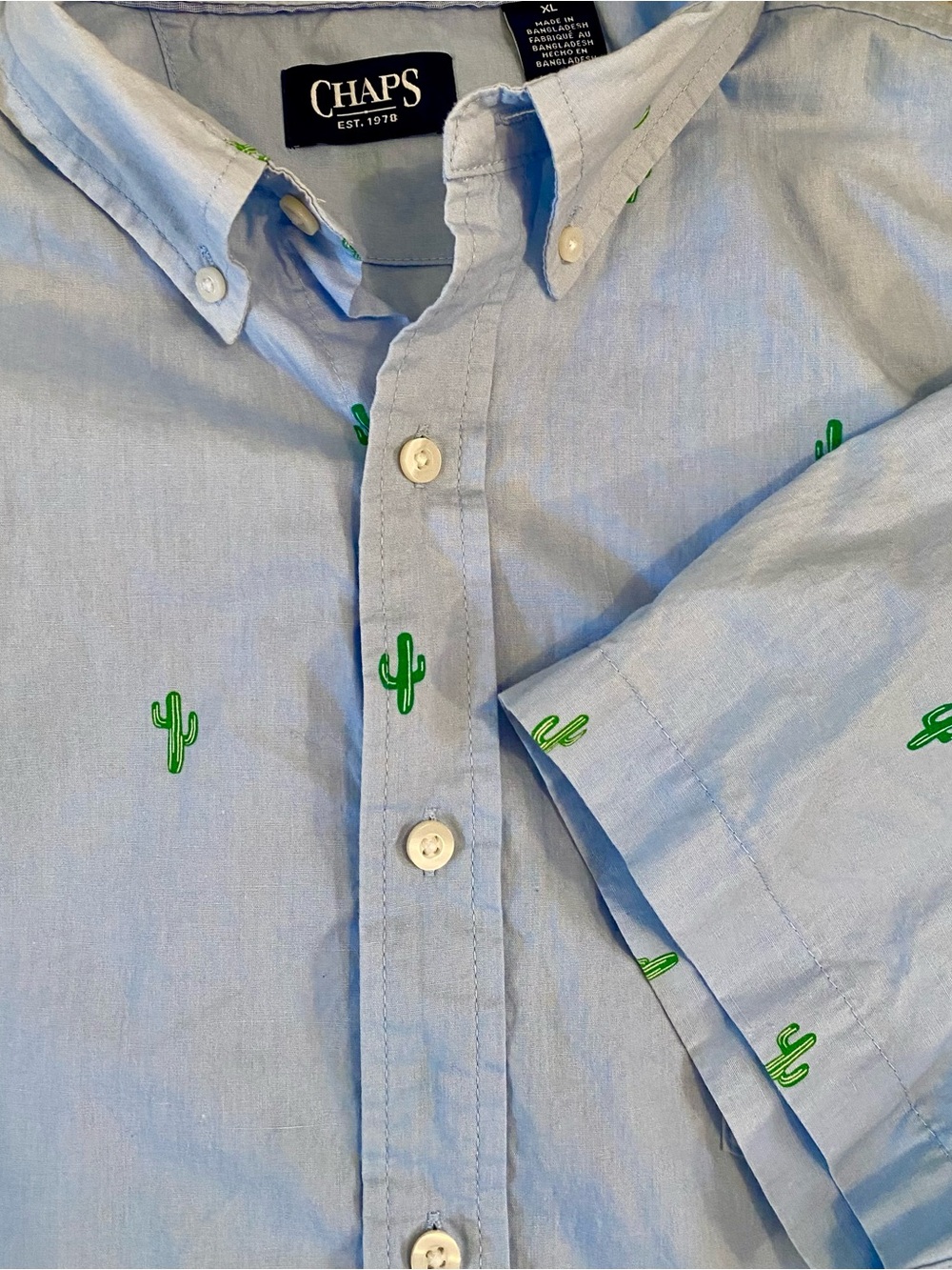 Chaps Light Blue Button-Down Shirt with Green Cactus Motif
